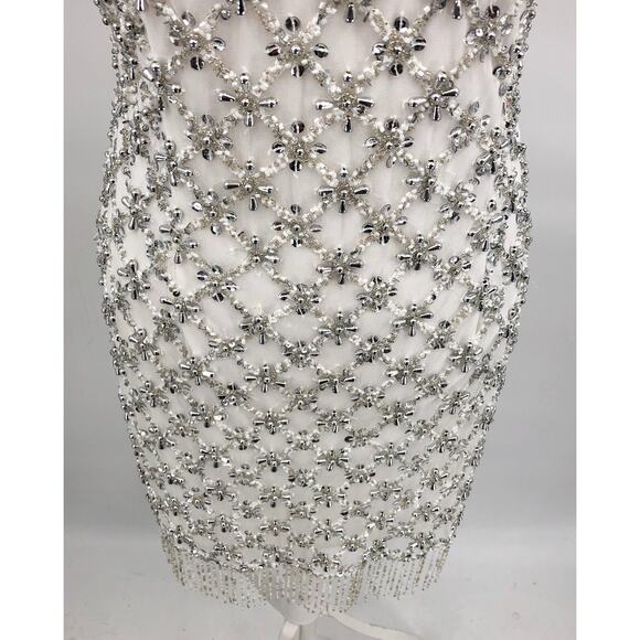LIV FOSTER Sequin Beaded Halter Dress Size 6 Ivory Bead Fringe Trim NWT FLAW - Picture 7 of 16